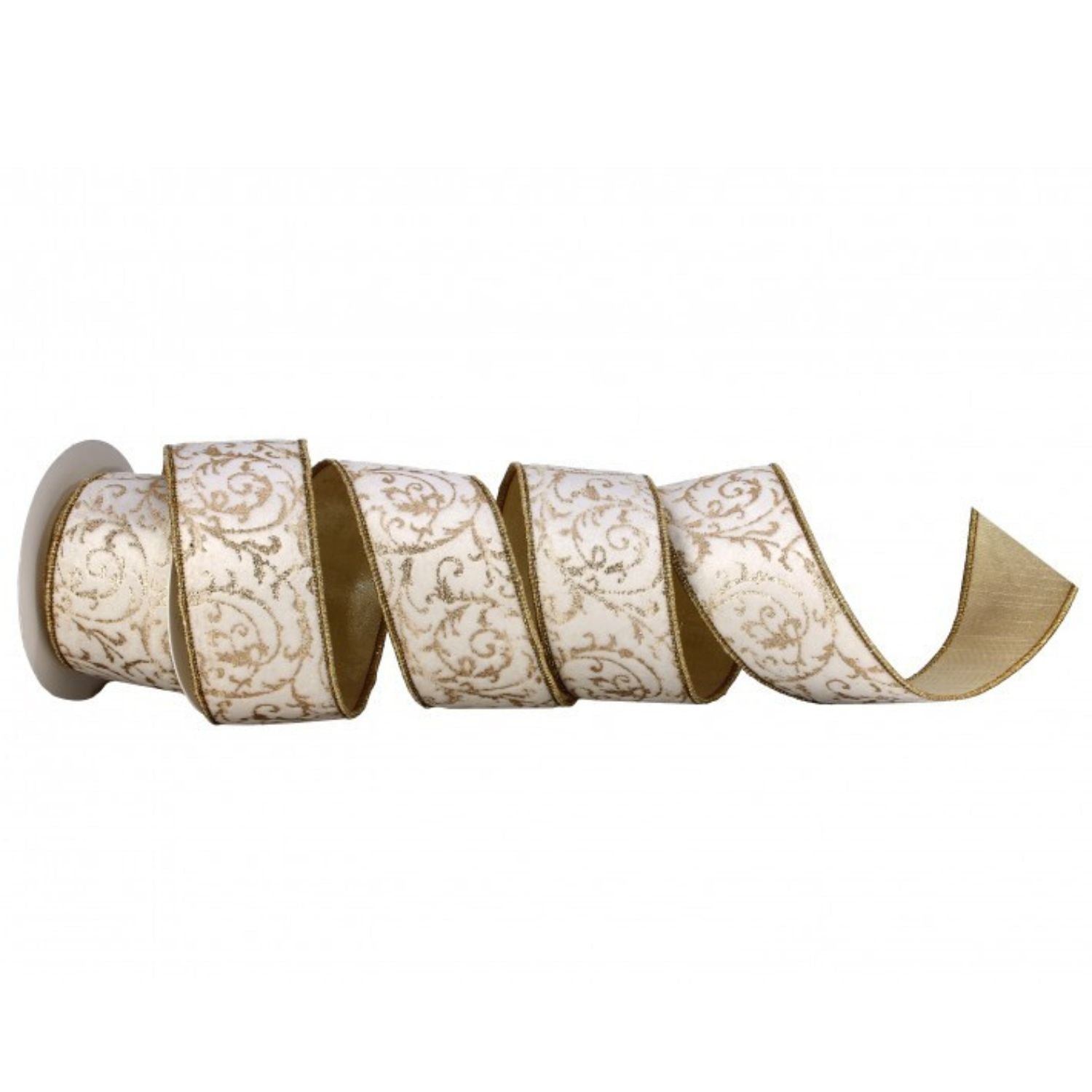 2 1/2 Wired Ribbon Glitter Swirl Scrolls Gold