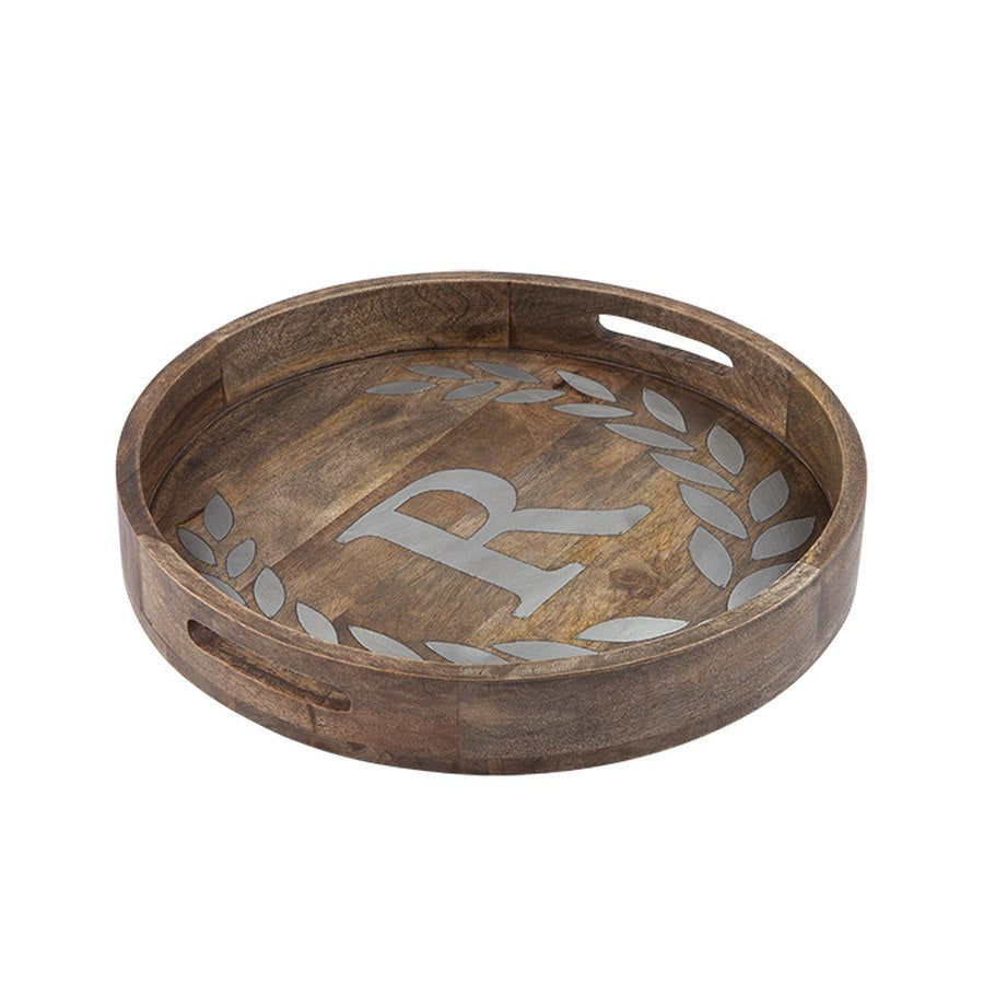 Gerson Companies Mango Wood Round Tray with Metal Inlay, Letter, 20"