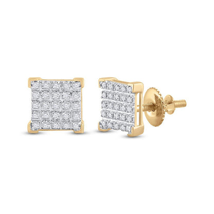 GND 10Kt Yellow Gold Mens Round Diamond Square Earrings 1/6 Cttw