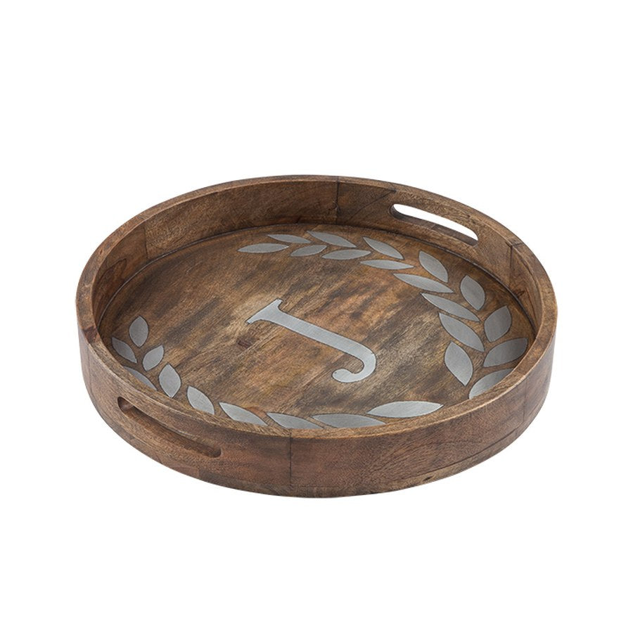 Gerson Companies Mango Wood Round Tray with Metal Inlay, Letter, 20"