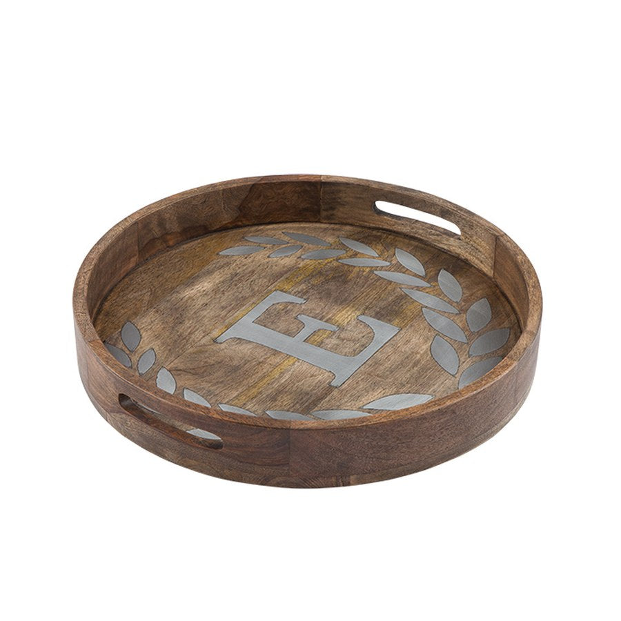 Gerson Companies Mango Wood Round Tray with Metal Inlay, Letter, 20"