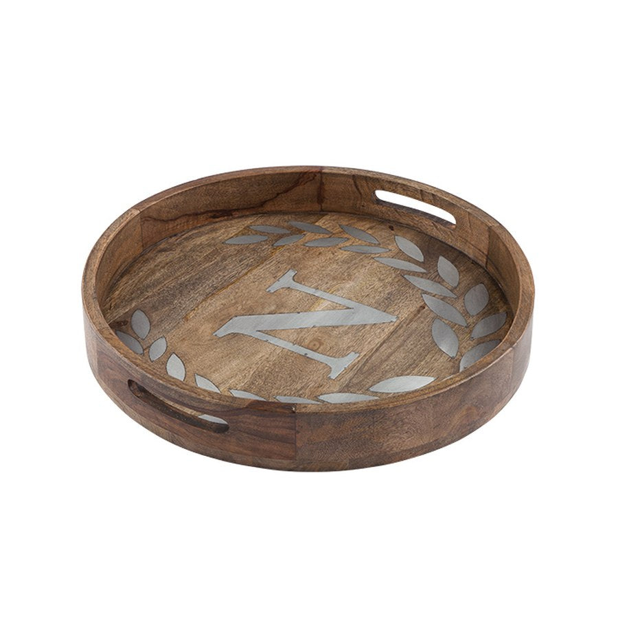 Gerson Companies Mango Wood Round Tray with Metal Inlay, Letter, 20"