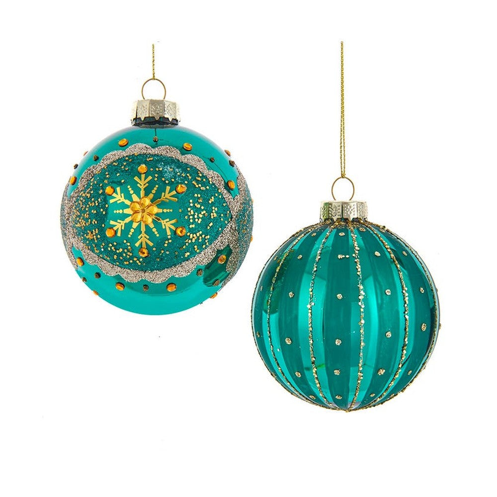 Kurt Adler 80MM Gold/Green/Bronze Embellished Glass Ball Ornaments, 6-Piece