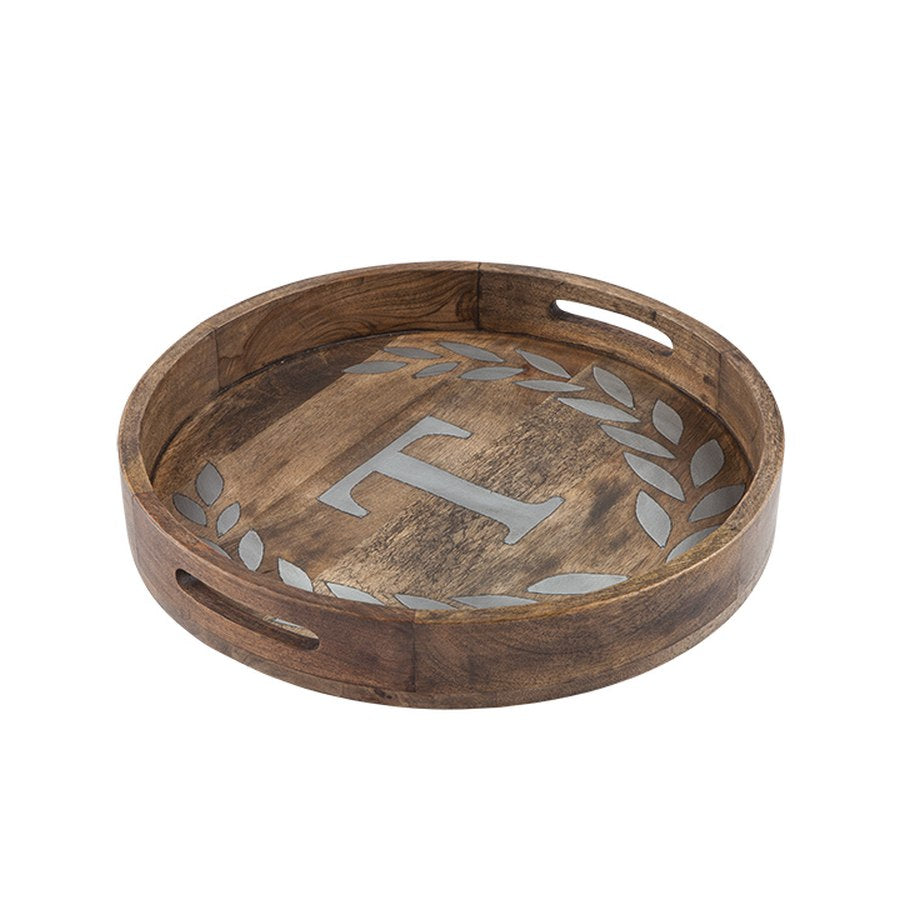 Gerson Companies Mango Wood Round Tray with Metal Inlay, Letter, 20"