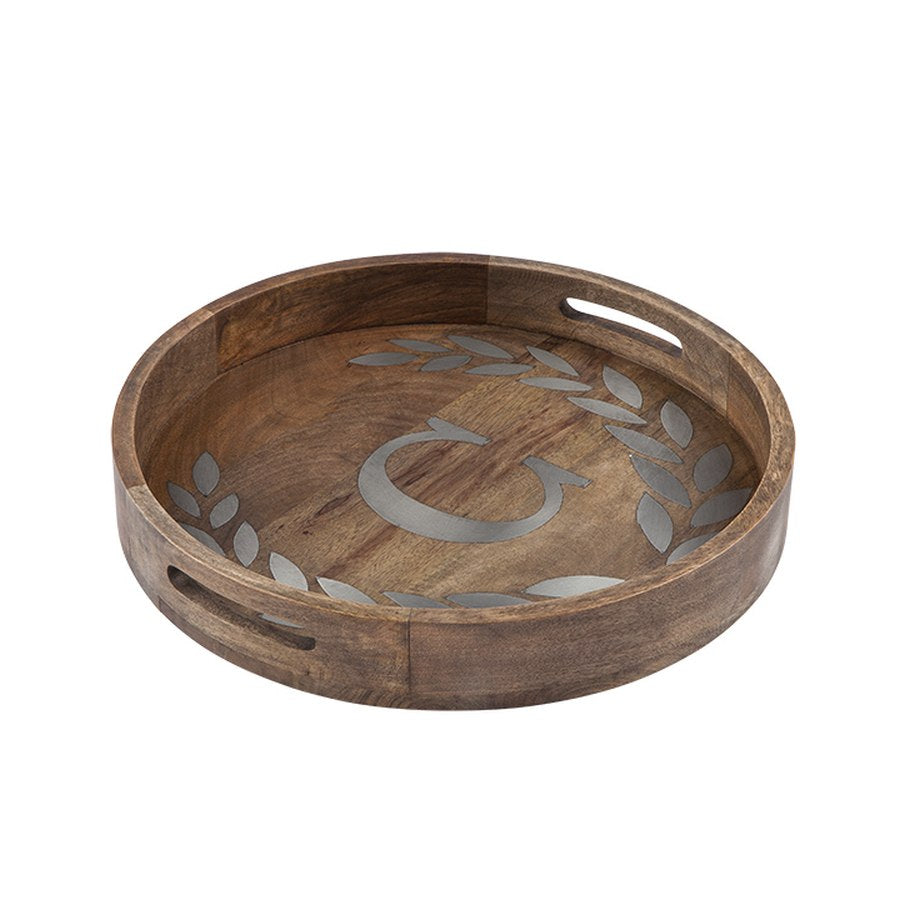 Gerson Companies Mango Wood Round Tray with Metal Inlay, Letter, 20"