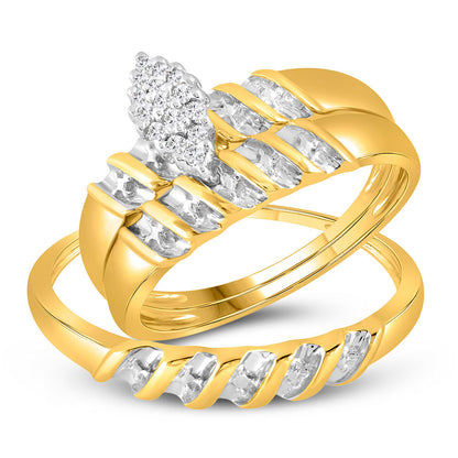 GND 10k Yellow Gold Diamond Marquise-shape Wedding Trio Mens Ring Band Set