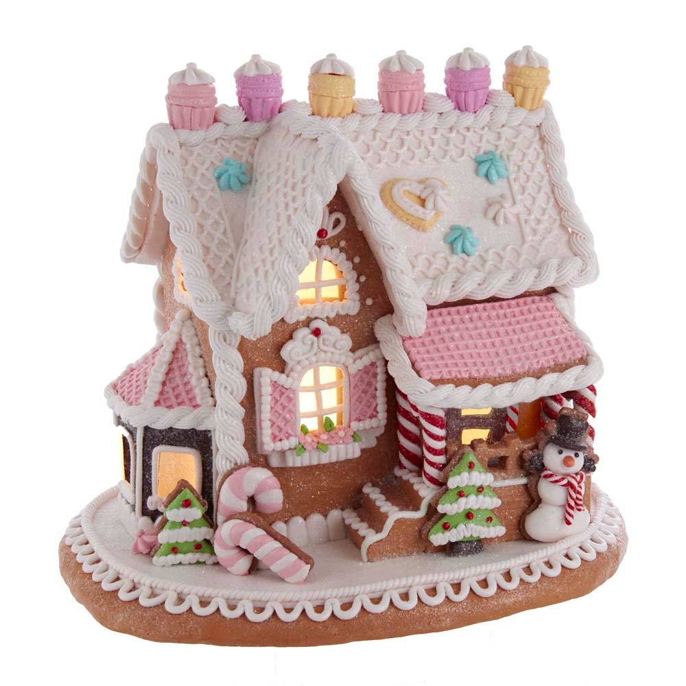 Kurt Adler 9" Gingerbread Cake House With LED Light Table Piece, Pink