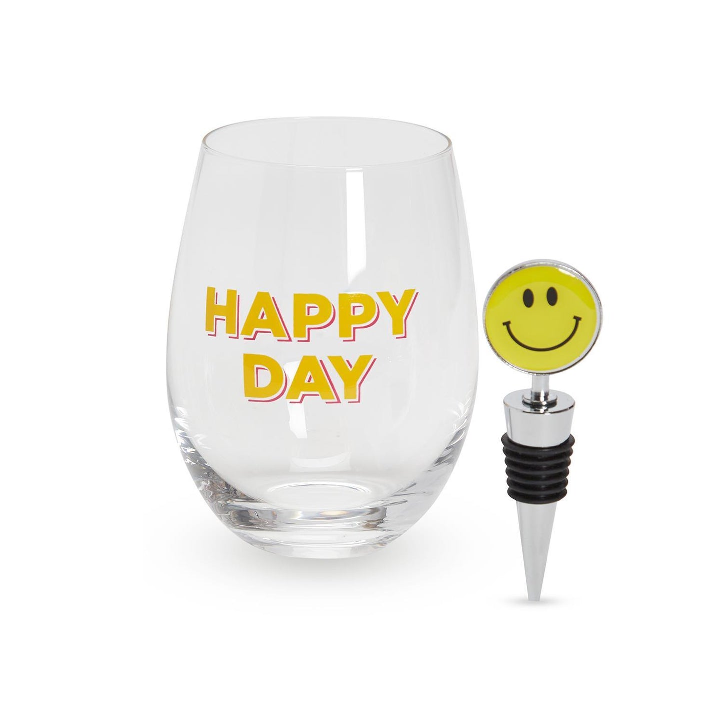 Two's Company Happy Day Stemless Wine Glass with Smile Face Wine Stopper