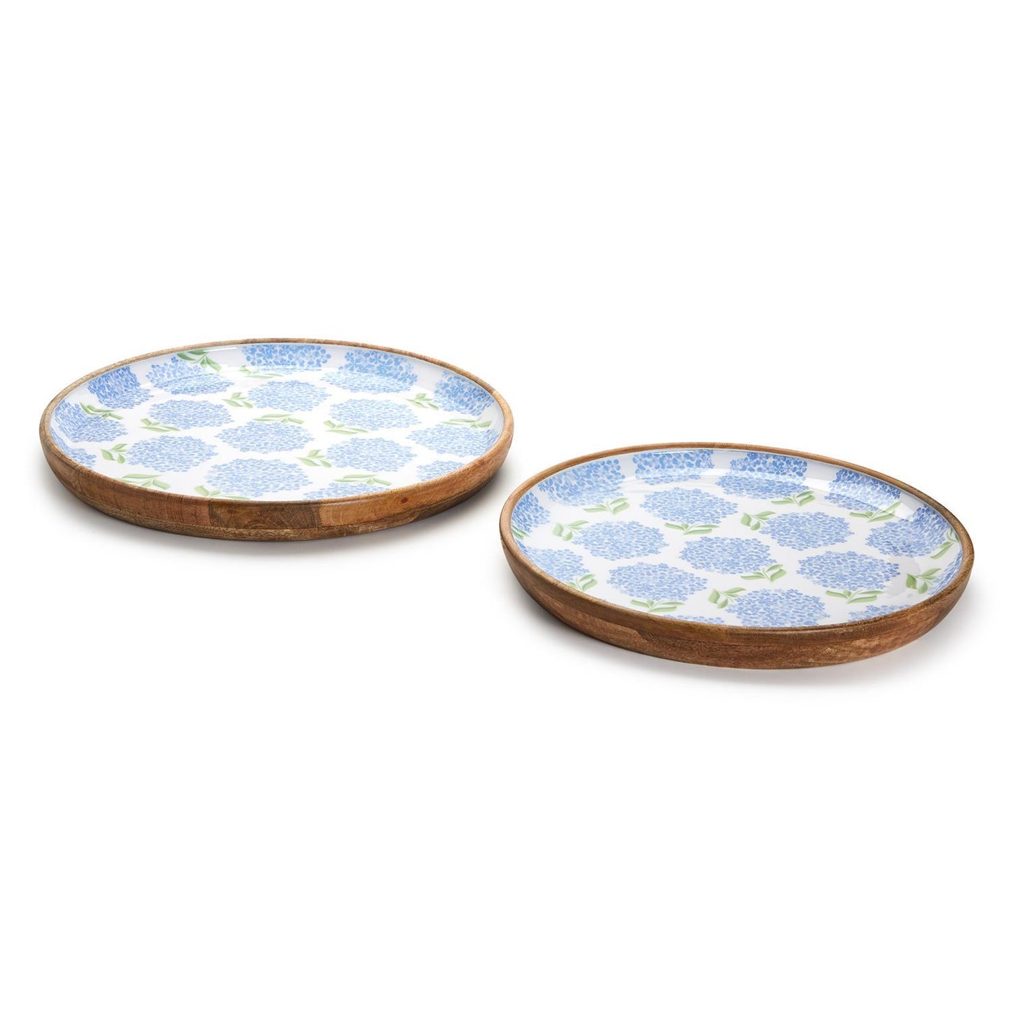 Two's Company Hydrangea Set Of 2 Hand-Crafted Wood Round Tray