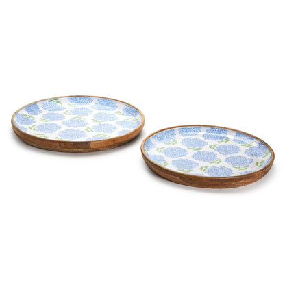 Two's Company Hydrangea Set Of 2 Hand-Crafted Wood Round Tray