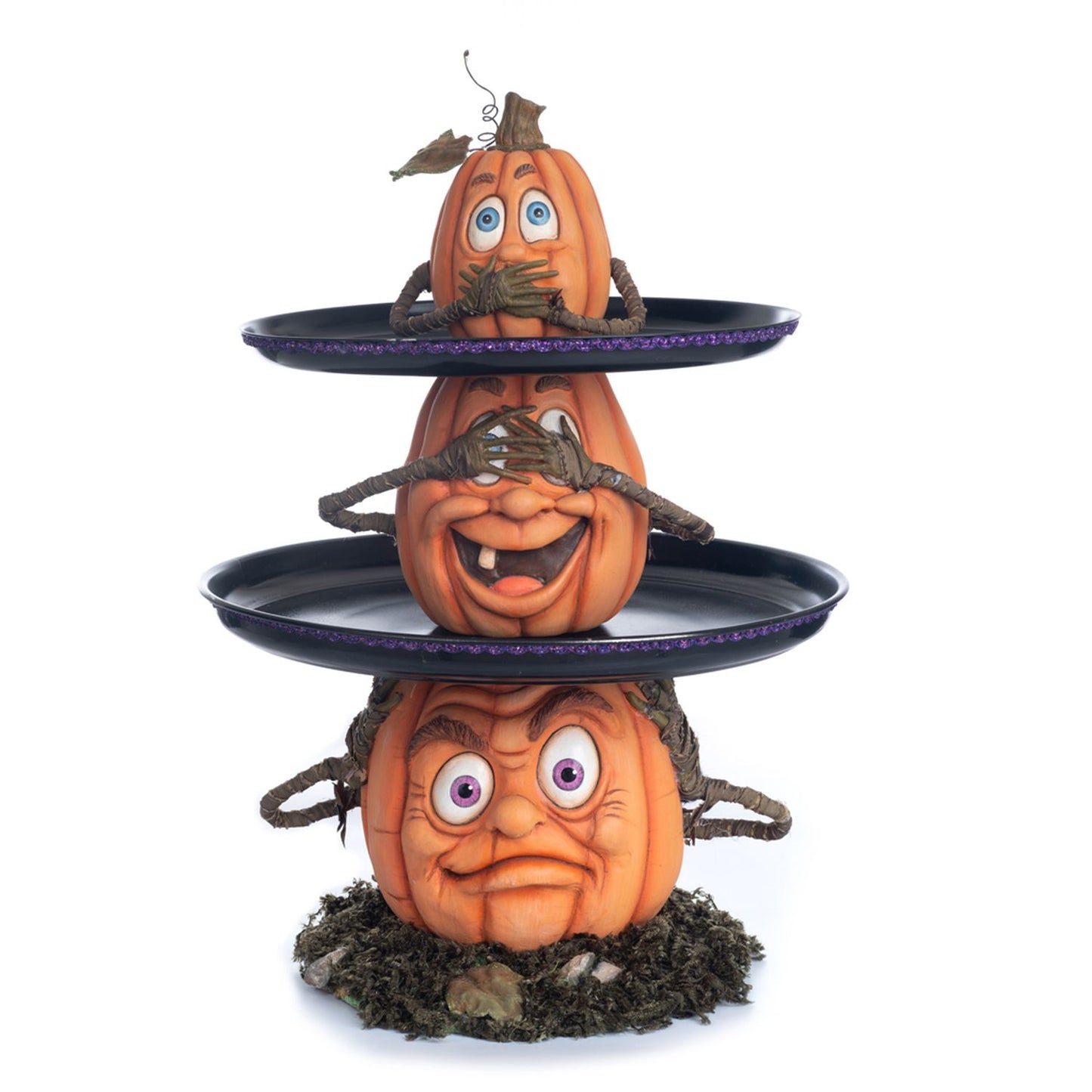 Katherine's Collection 21.5 Inch Three Wise Pumpkins Tiered Tray, Orange/Black Resin