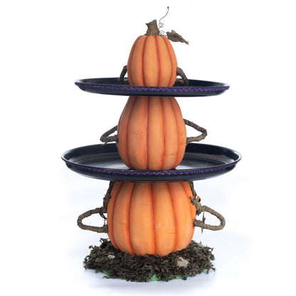 Katherine's Collection 21.5 Inch Three Wise Pumpkins Tiered Tray, Orange/Black Resin