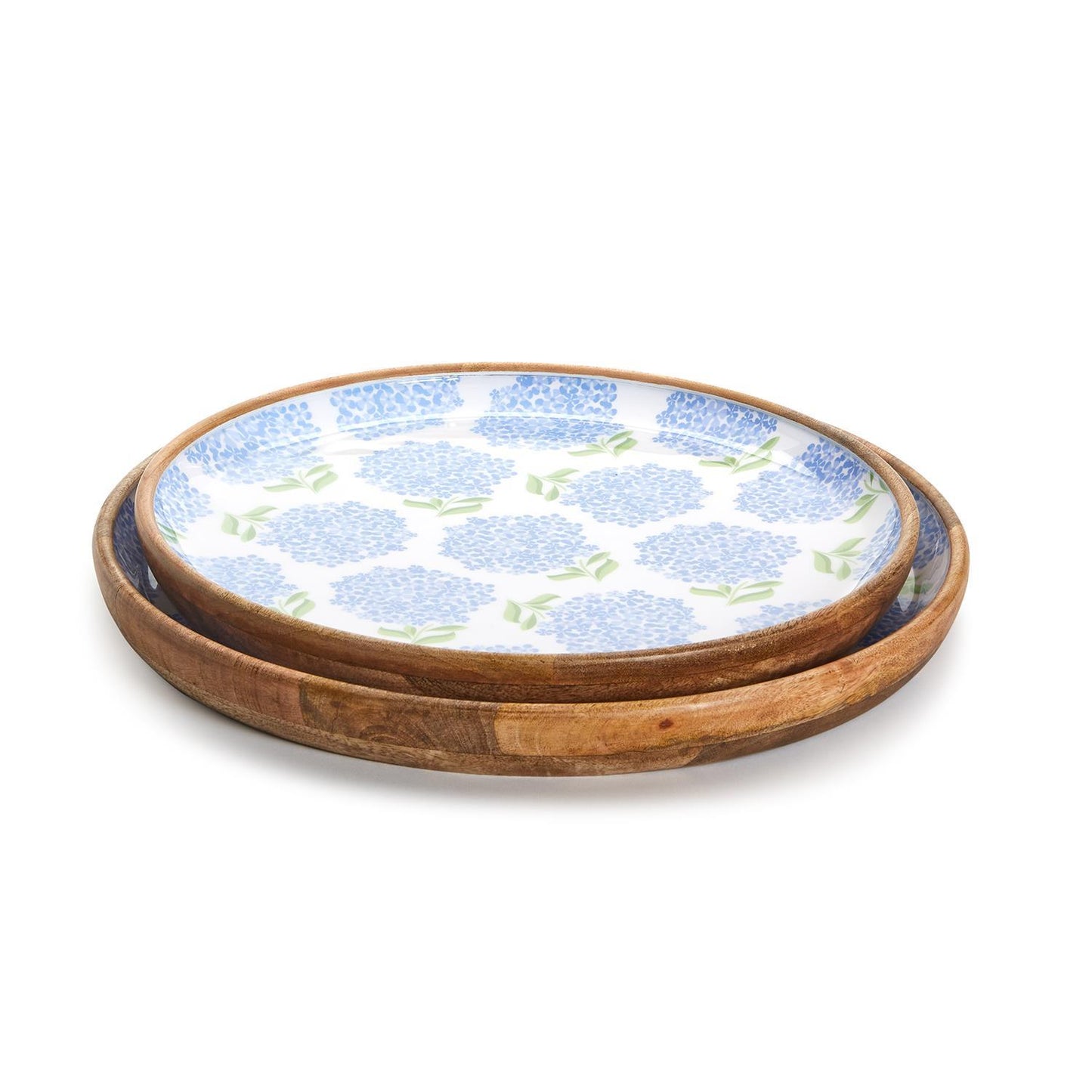 Two's Company Hydrangea Set Of 2 Hand-Crafted Wood Round Tray