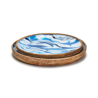 Aptware Blue Set Of 2 Hand-Crafted Wood Round Tray w/ Aptware Inspired Pattern