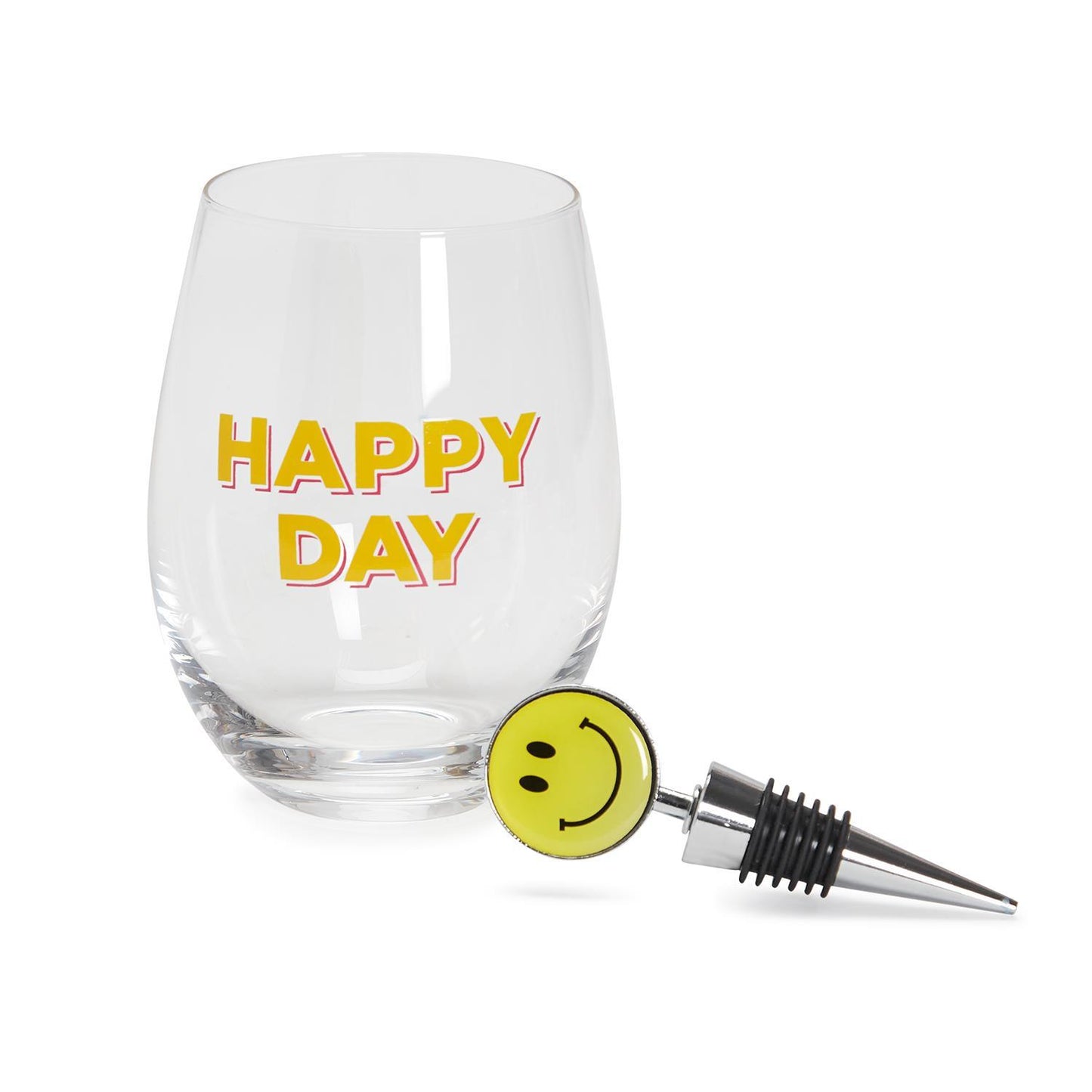 Two's Company Happy Day Stemless Wine Glass with Smile Face Wine Stopper