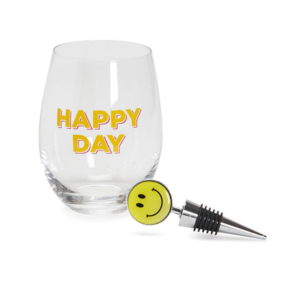 Two's Company Happy Day Stemless Wine Glass with Smile Face Wine Stopper