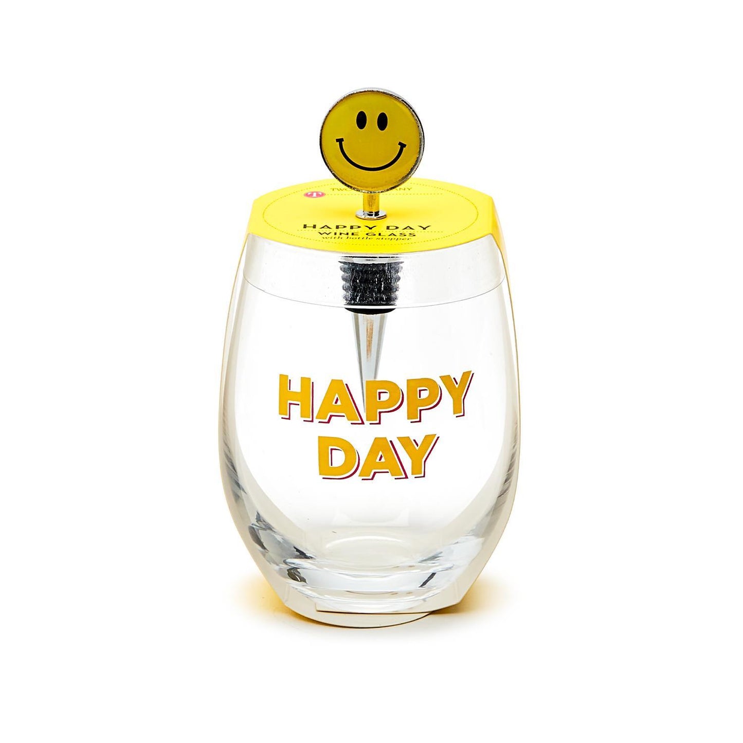 Two's Company Happy Day Stemless Wine Glass with Smile Face Wine Stopper