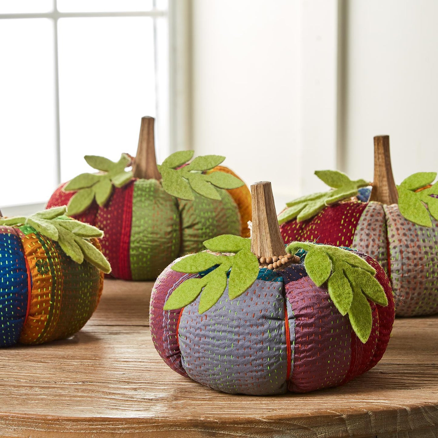 Two's Company Artful Autumn Set of 2 Hand-Crafted Kantha Style Pumpkins