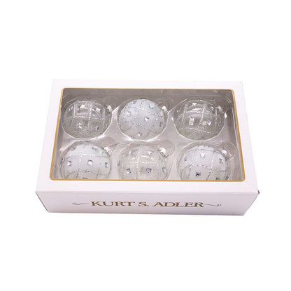 Kurt Adler 80MM Jeweled Clear/White Feather Glass Ball Ornaments, 6-Piece Box