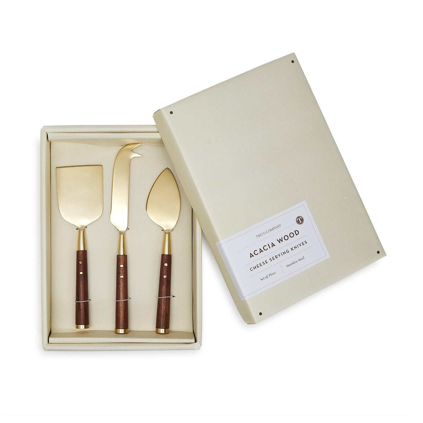 Two's Company Acacia Wood Set Of 3 Cheese Knives In Gift Box