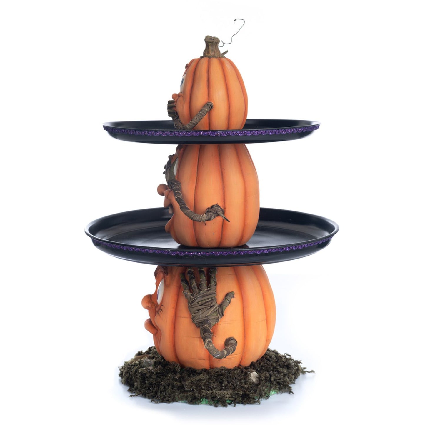 Katherine's Collection 21.5 Inch Three Wise Pumpkins Tiered Tray, Orange/Black Resin