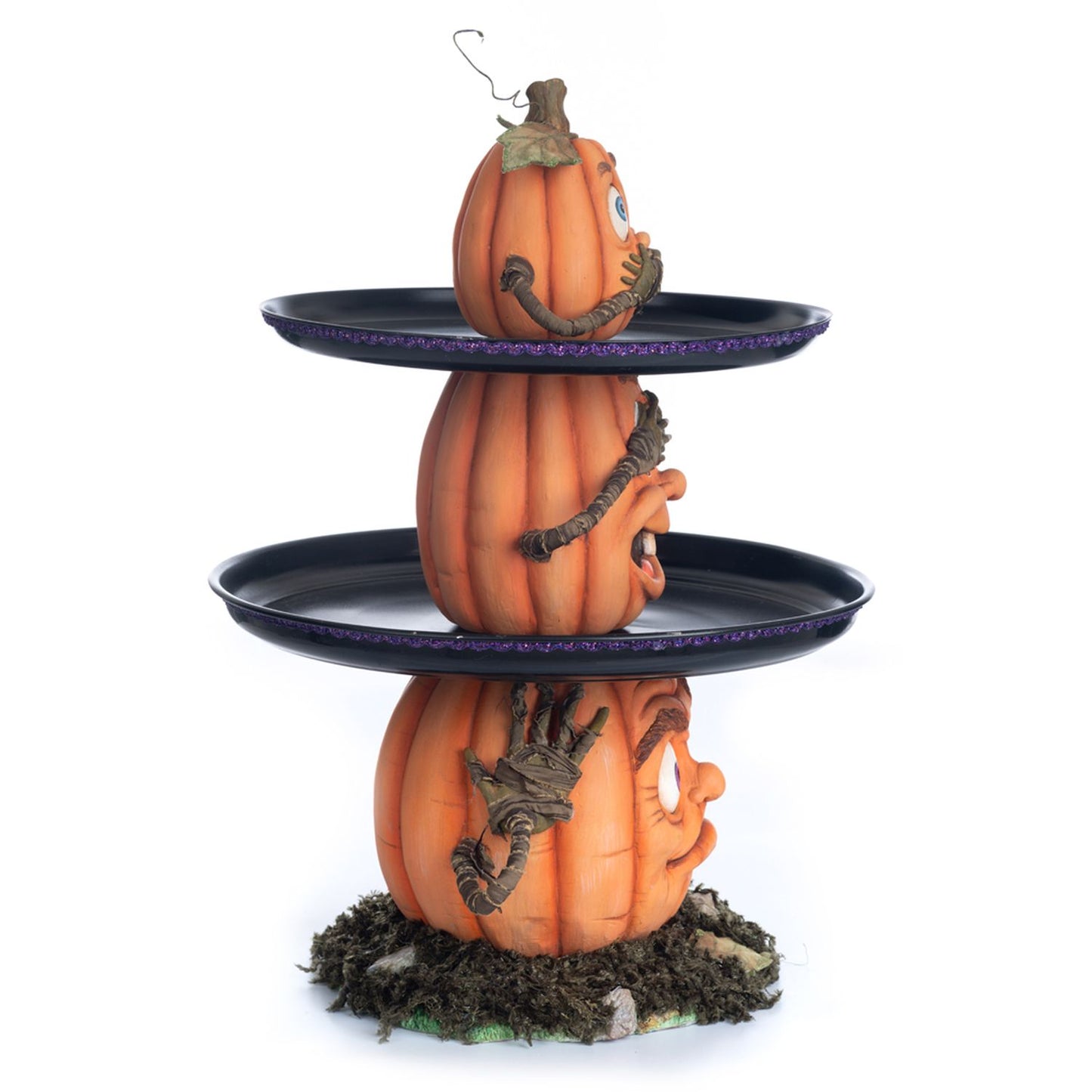 Katherine's Collection 21.5 Inch Three Wise Pumpkins Tiered Tray, Orange/Black Resin