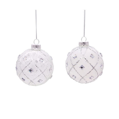 Kurt Adler 80MM Jeweled Clear/White Feather Glass Ball Ornaments, 6-Piece Box