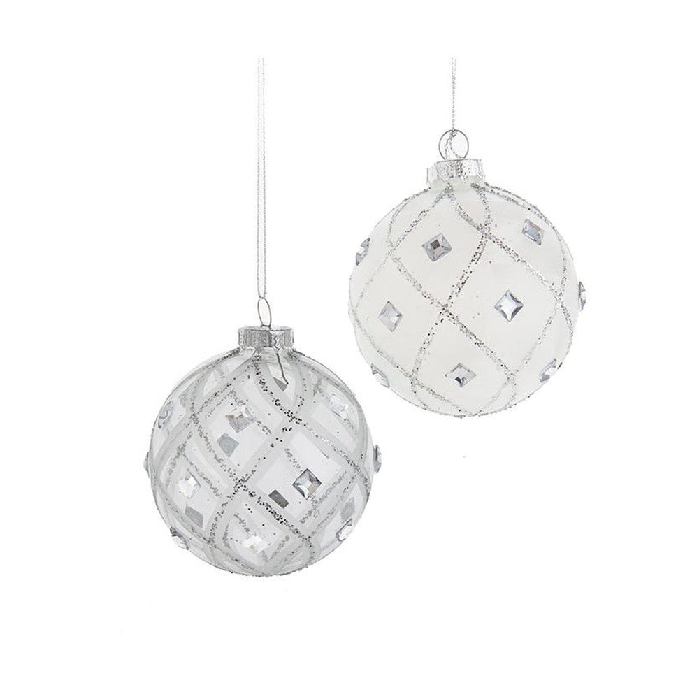 Kurt Adler 80MM Jeweled Clear/White Feather Glass Ball Ornaments, 6-Piece Box