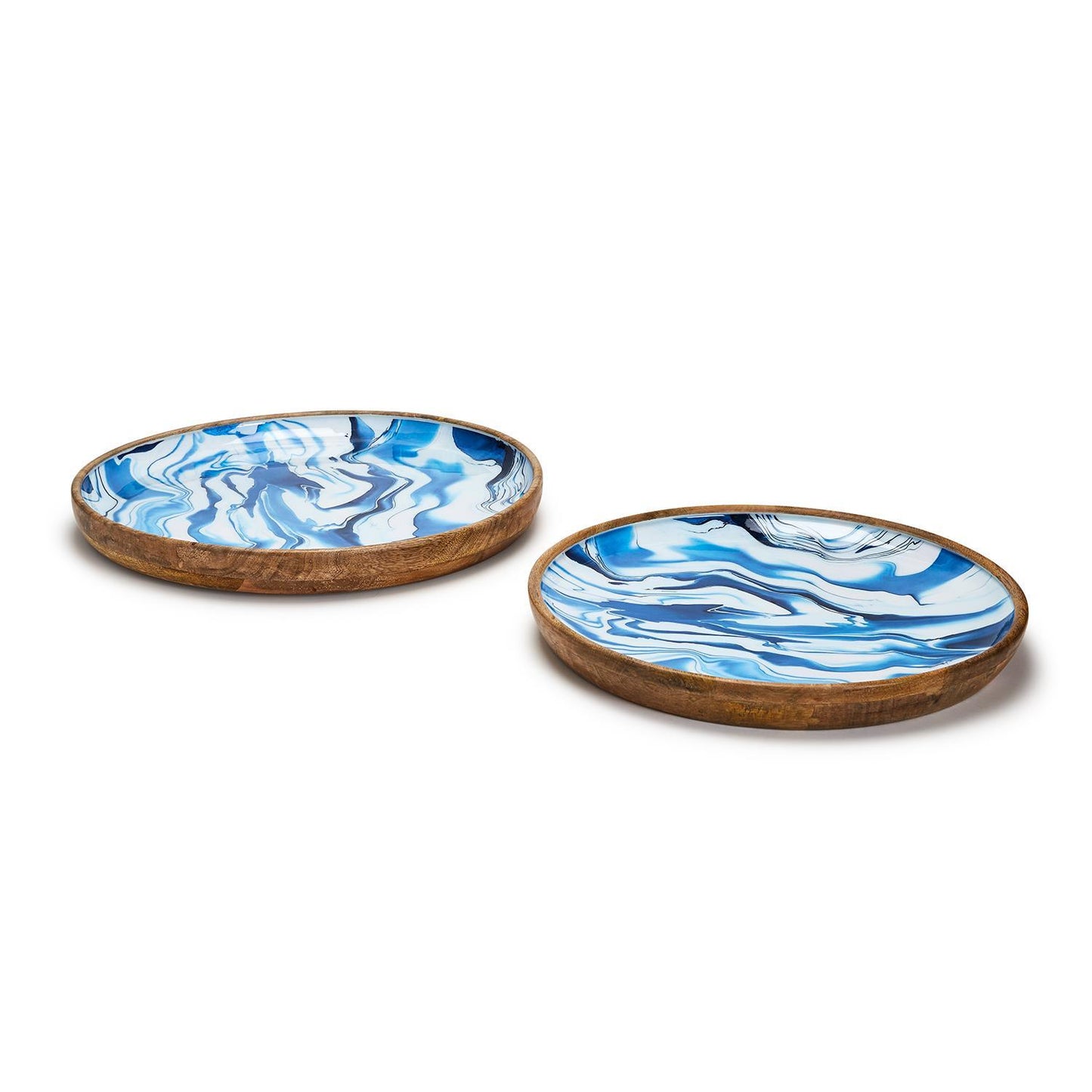 Aptware Blue Set Of 2 Hand-Crafted Wood Round Tray w/ Aptware Inspired Pattern