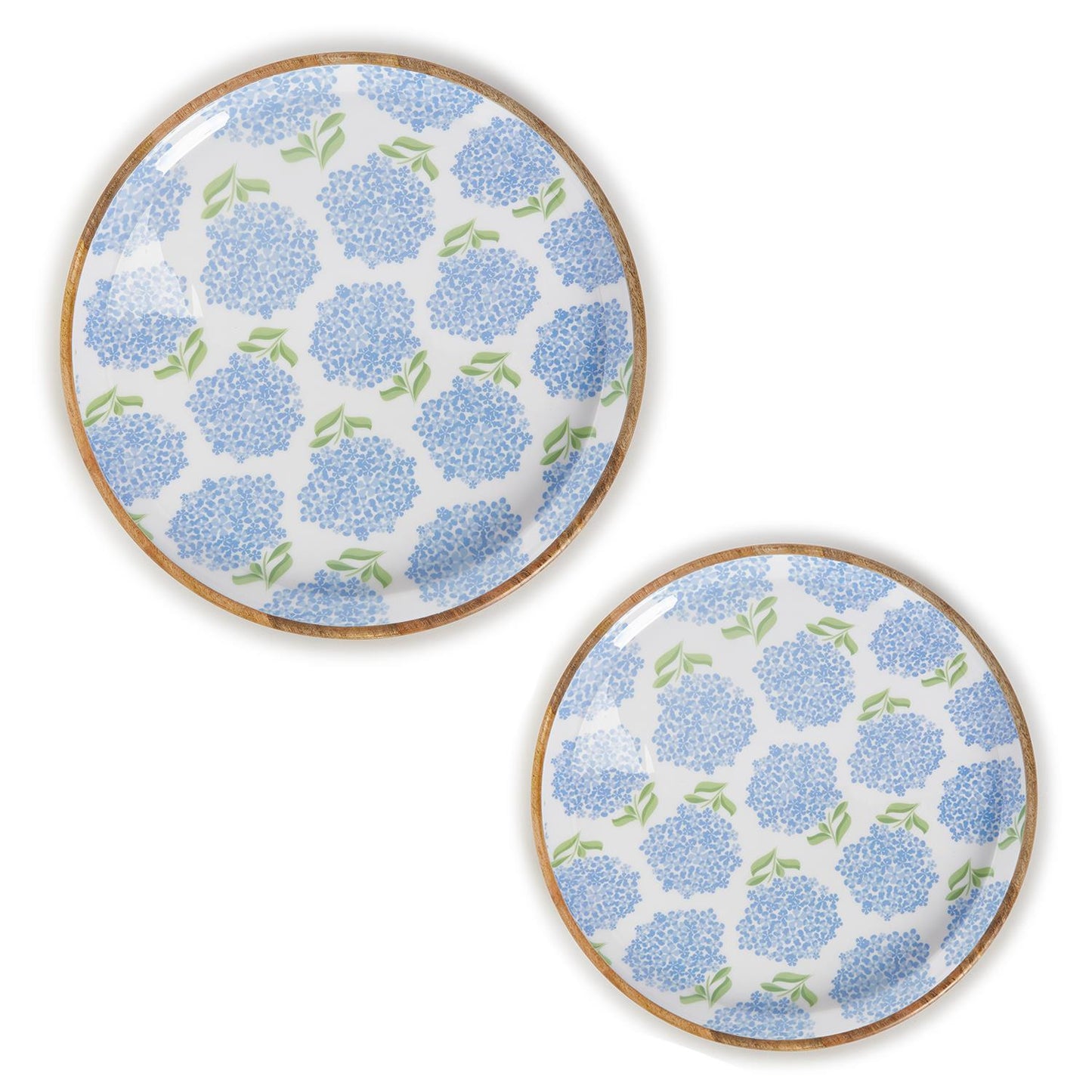 Two's Company Hydrangea Set Of 2 Hand-Crafted Wood Round Tray